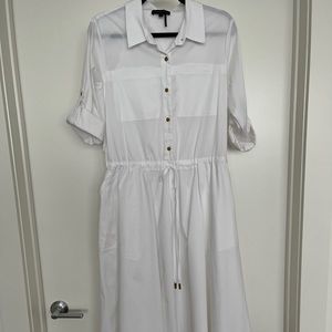 DKNY White midi shirt dress with drawstring waist